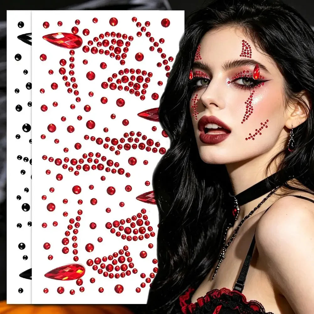 Universal Red Black Bloodstain Face Eye Gem Decals Horror Cosplay Party Decor Stickers Halloween 3D Face Rhinestone Stickers HIP