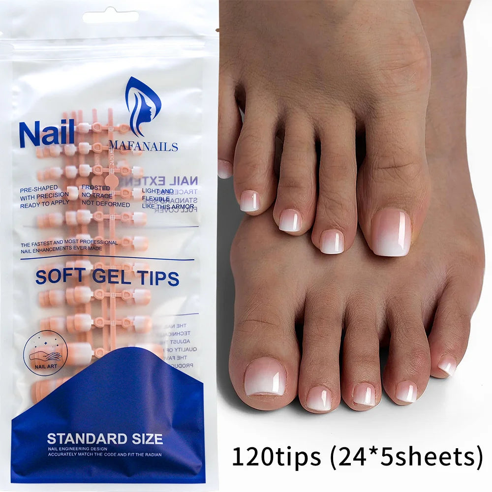 120Pcs Glossy Nude Pink French Press-On-Toenail Set 1*Box Short French Square Fake Toe Nails Solid-Color Manicure Toenails Tips HIP 1