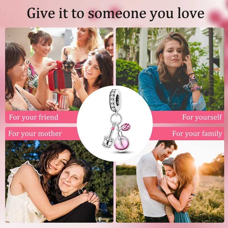 S925 Silver Plated Pink Perfume Bottle Luggage Camera Airplane Pendants Charms Fit Original Bracelets DIY Birthday Jewelry Gifts HIP