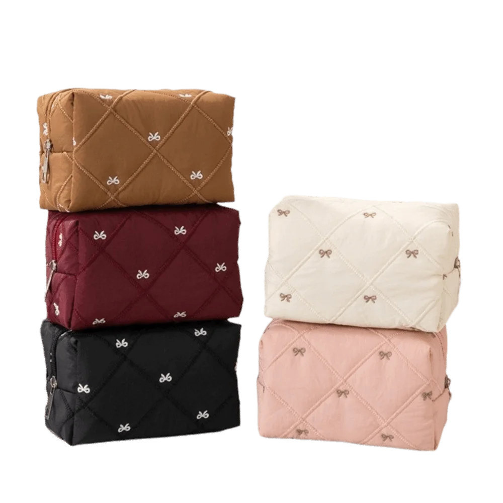 Bow Quilted Makeup Bag – Large Cosmetic Organizer Pouch Cosmetic Makeup Bag HIP