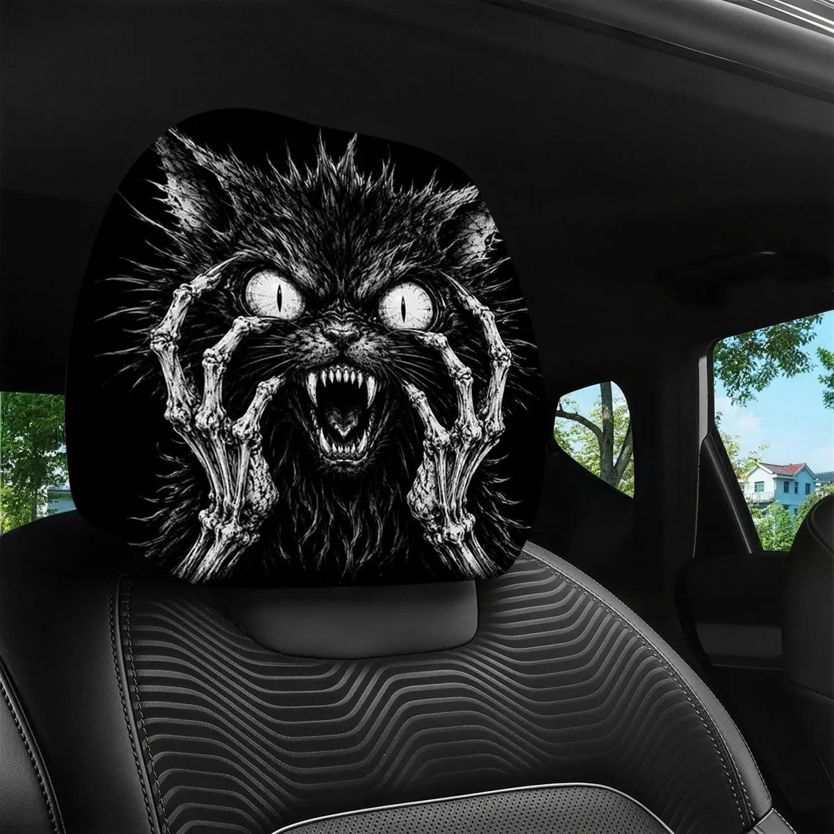 Gothic Skeleton Cat Car Headrest Covers & Neck Pillows – 2pc Car Headrest Cover HIP