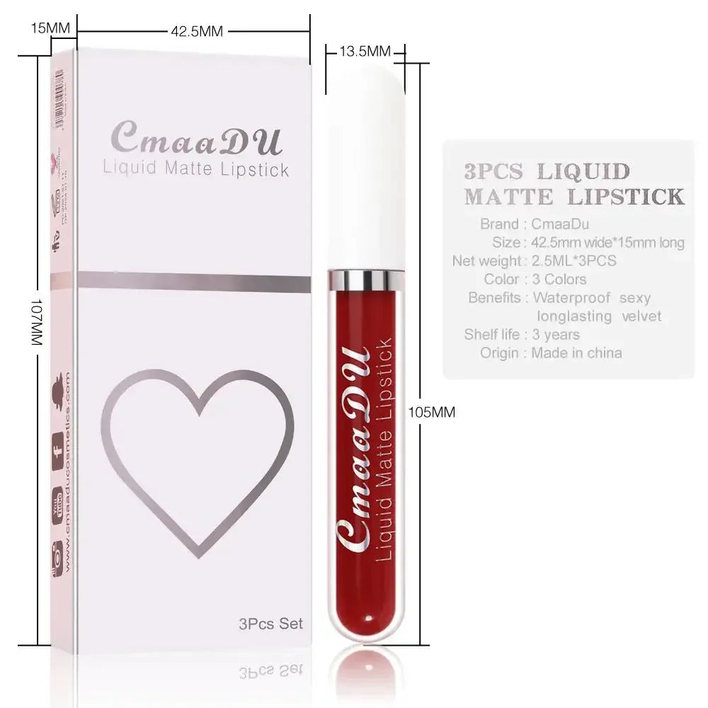CmaaDu 3-Pc Velvet Matte Liquid Lipstick Set – Waterproof Matte Liquid Lipstick Set HIP