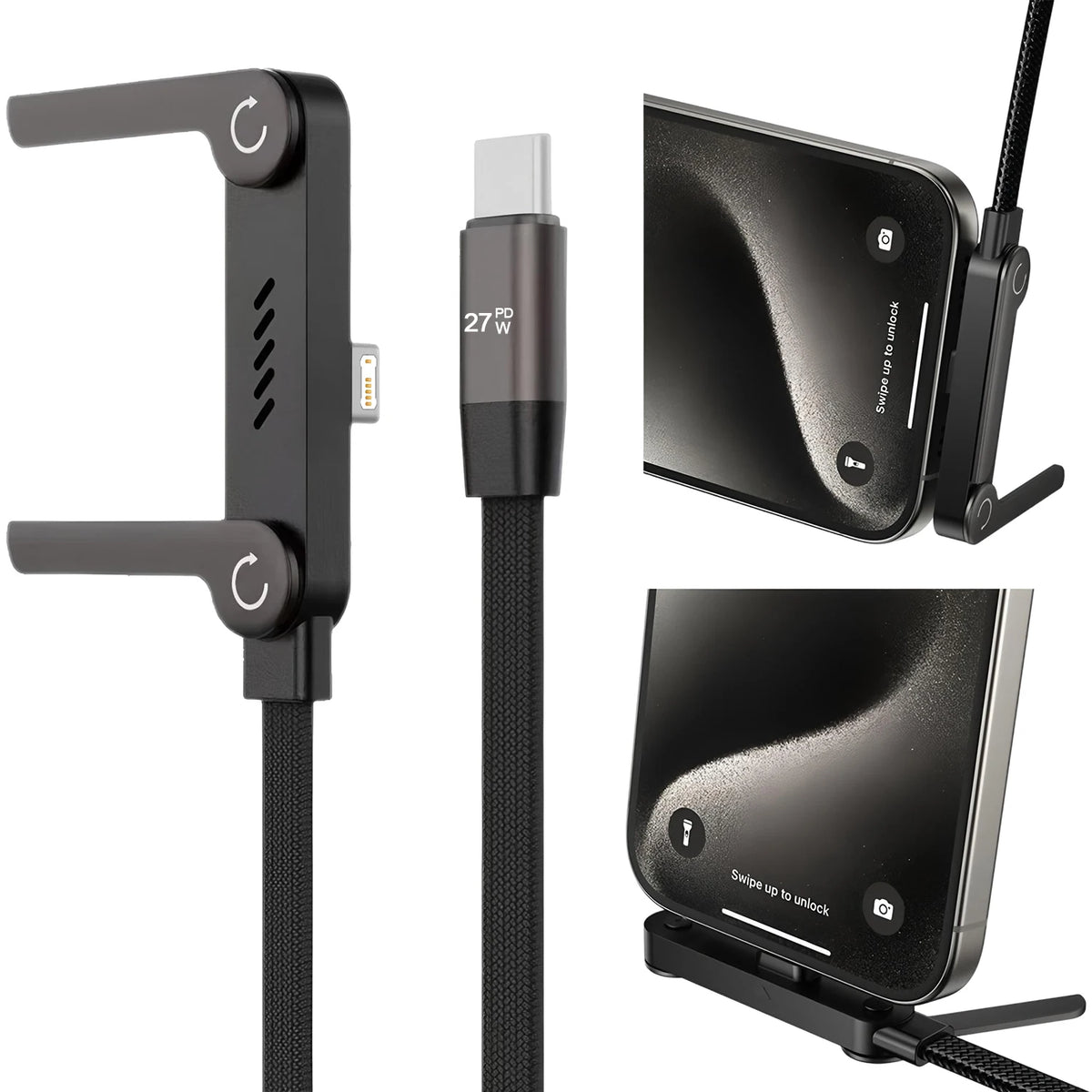 2-in-1 USB-C 27W Fast Charging Cable with Foldable Stand Charging Cable Stand HIP