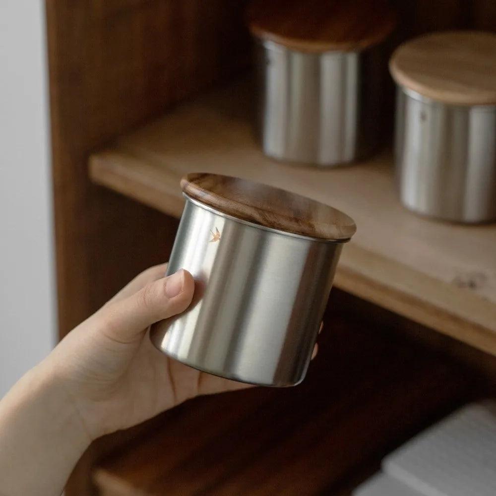 Stainless Steel Matcha Jar Wood Lid – 380ml & 560ml Canister Kitchen Storage Jar HIP
