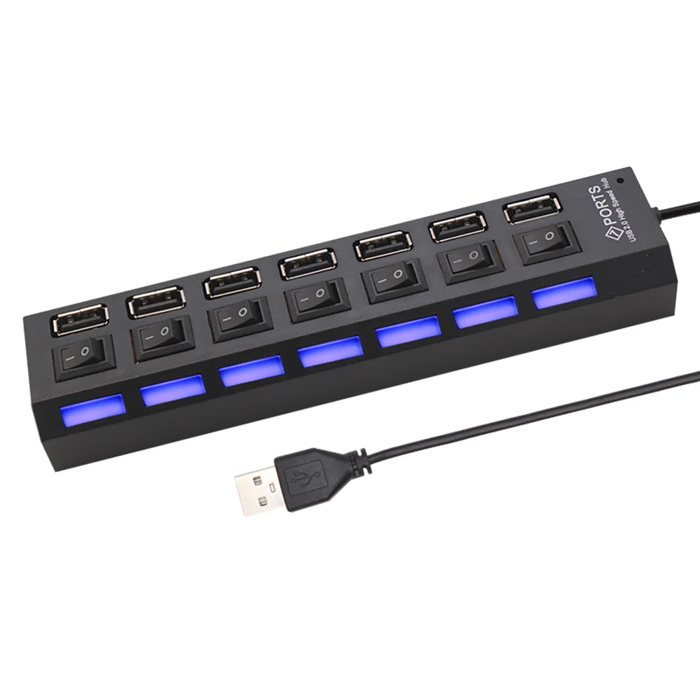 7-Port USB 2.0 Hub with On/Off Switches for PC & Laptop USB Hub HIP 7 Ports Black