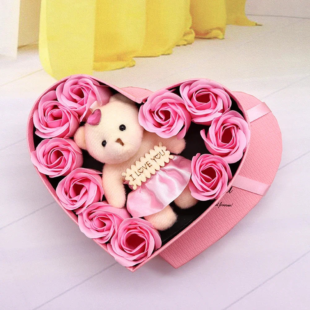 Artificial Flowers Valentines Day Gift for Her Rose Gift Box with Cute Bear Romantic Mothers Day Wedding Home Party Decor HIP Pink