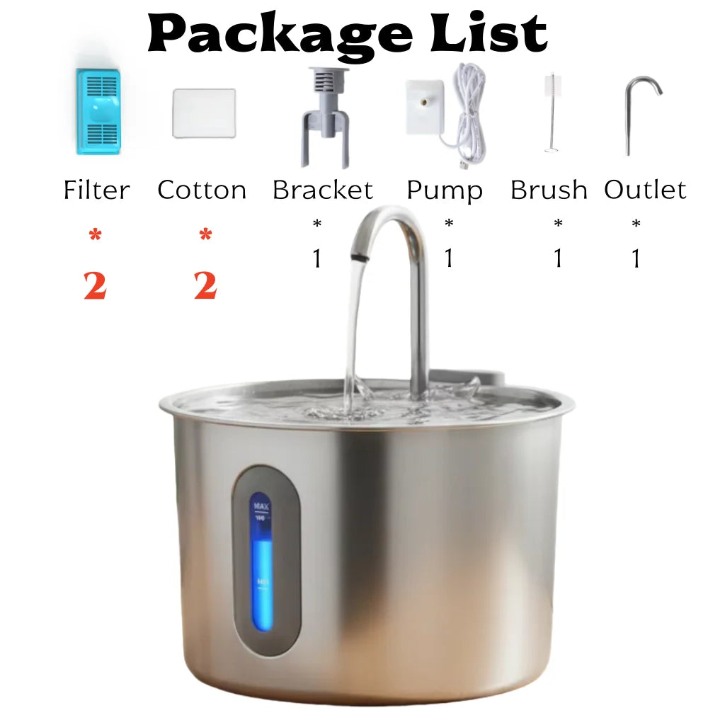 Pet Water Fountain for Cats 74oz/2.2L Stainless Steel Indoor Drinking Dispenser Free Standing Cat Water Fountain with Filter HIP with 2P Filter