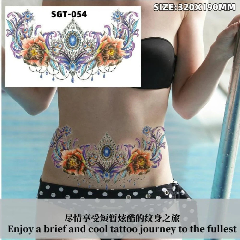 Waterproof Temporary Tattoo Sticker Big Chest Beauty Flower Fashion Colorful Butterfly Gem Diamond Art Fake Waist Tattoos Woman HIP