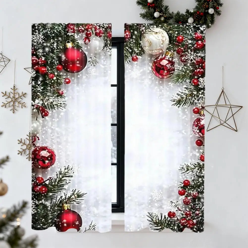2pcs Xmas Ornament Holly Curtains Light Filtering Decor Polyester Xmas Holiday Window Home Living Bedroom Rod Pocket HIP