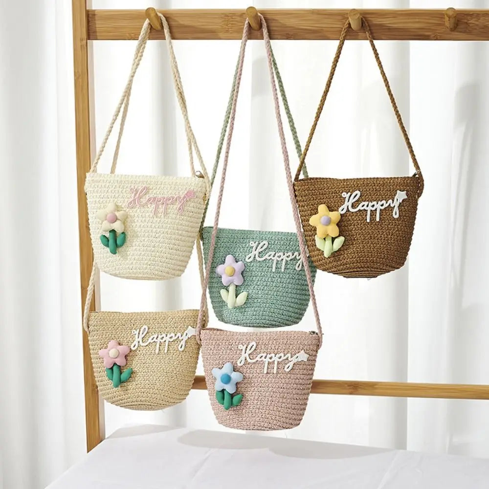 Kids Straw Bucket Crossbody Bag – Flower Mini Coin Purse Kids Crossbody Bag HIP