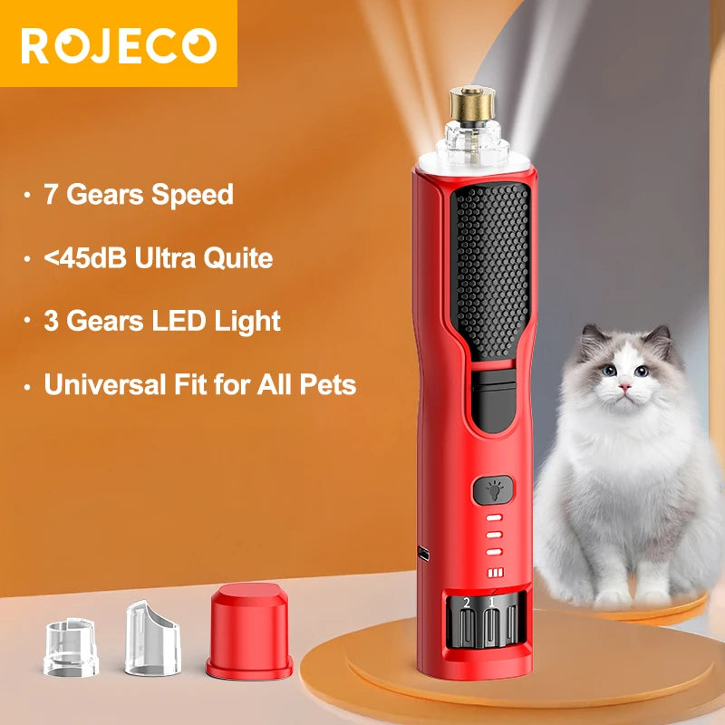 ROJECO Pet Electric Nail Grinder Rechargeable Dog Paw Grooming Nail Clipper LED Light 7 Speeds Adjustable Cat Claw Nail Grinder HIP