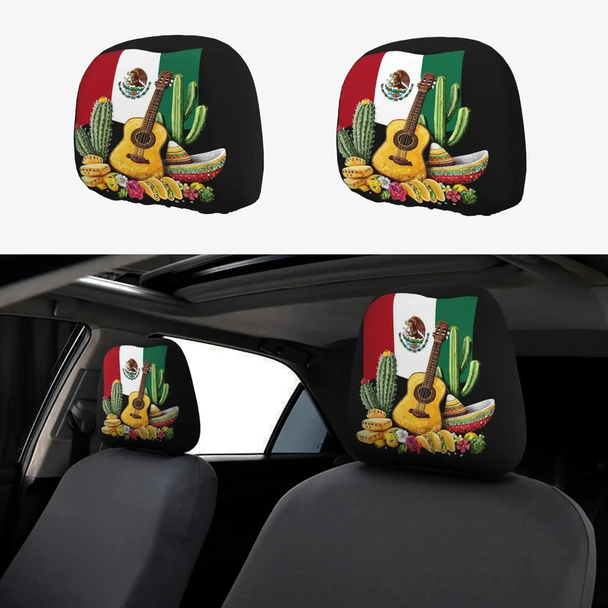 2-Pack Mexican Flag Tacos Car Headrest Covers – Universal Fit Car Headrest Cover HIP 1