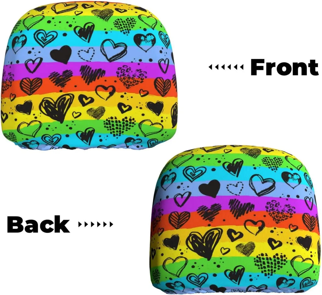 Rainbow Hearts Car Headrest Covers – 2-Pack Universal Fit Car Headrest Covers HIP 1