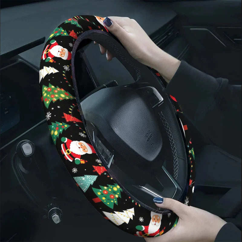 15" Christmas Steering Wheel Cover – Santa & Tree Design Steering Wheel Cover HIP