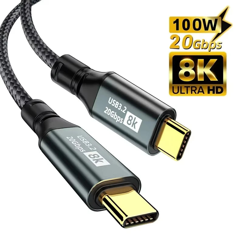 100W USB-C to USB-C Cable USB3.2 8K 20Gbps Fast Charge USB-C Charging Cable HIP