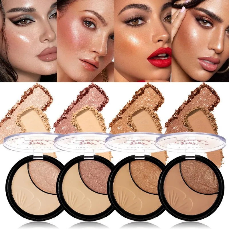 All-in-One Face Powder Highlighter 2 in 1 Setting Powder Luminous Glow Palette Waterproof Longwear Buildable Coverage Gym Travel HIP