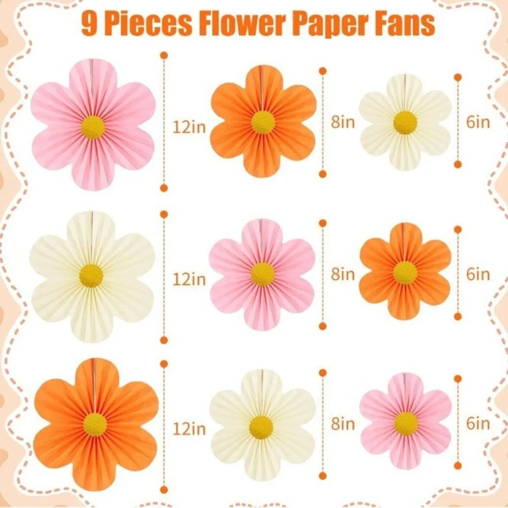9-Piece Pink Paper Fan Flowers & Pom Poms Backdrop Set Party Backdrop Decor HIP
