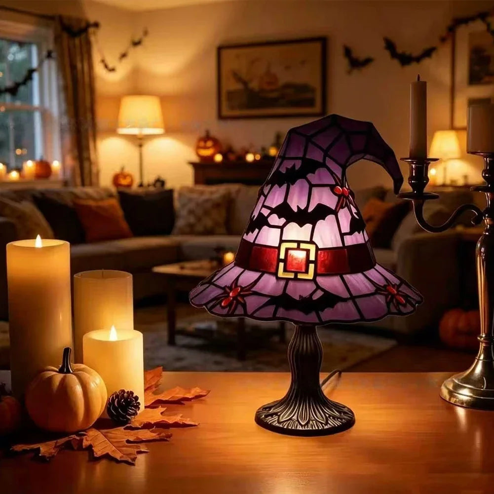 Gothic Desktop Ornament USB Powered Stained Glass Witch Hat Resin Night Light For Bedroom Halloween Party Living Room Home Decor HIP