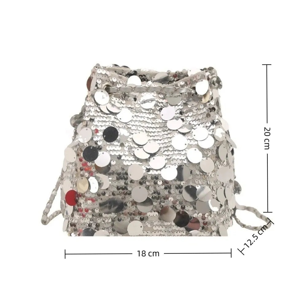 Shiny Sequin Bucket Bag – Chain Strap Crossbody | Korean Style Sequin Crossbody Bag HIP