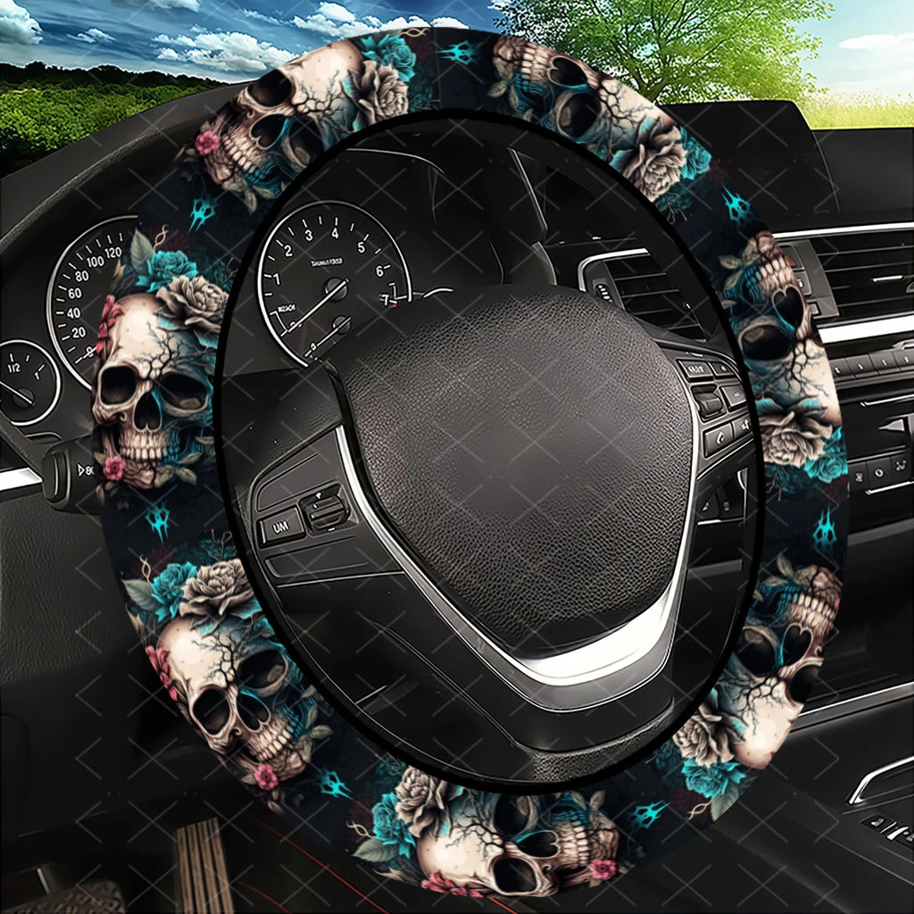 Skull & Flower Steering Wheel Cover – Cars, SUVs & Trucks Steering Wheel Cover HIP black