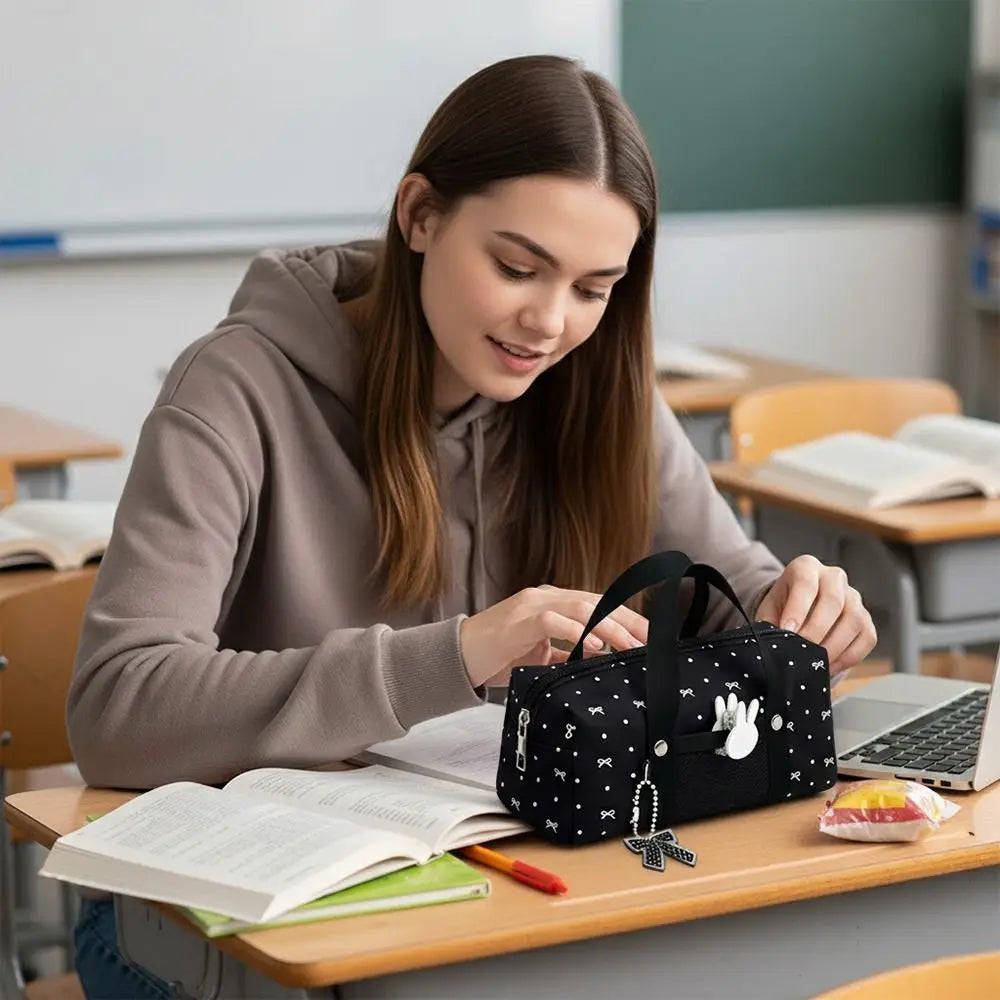 Black Polka Dot Bow Pencil Case – Large Capacity Canvas Bag Pencil Case HIP