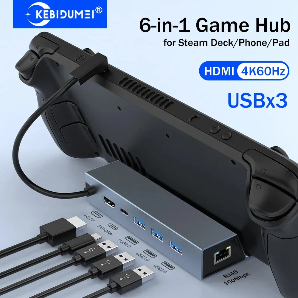 KEBIDUMEI 6-in-1 USB-C Hub – 4K HDMI, 100W PD, Ethernet USB-C Docking Station HIP 6-in-1