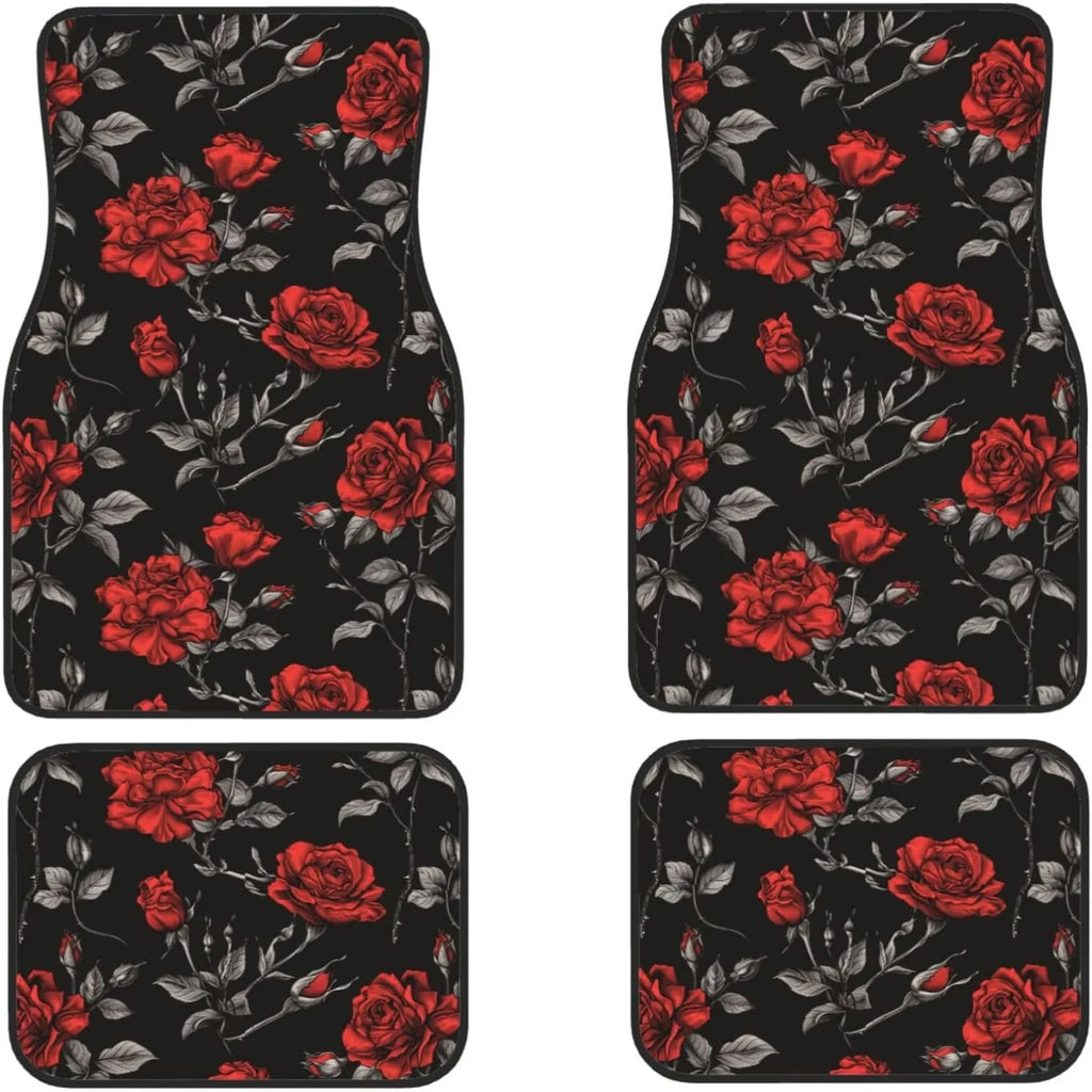 Red Rose Floral Car Floor Mats – 4-Piece Universal Set Car Floor Mats HIP black