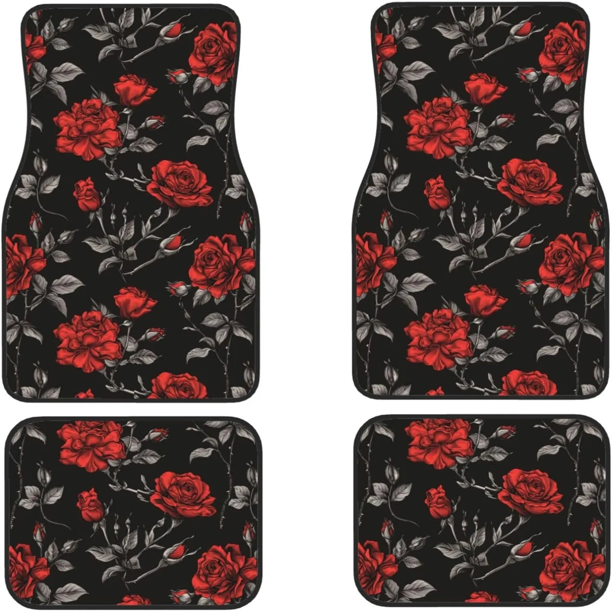 Red Rose Floral Car Floor Mats – 4-Piece Universal Set Car Floor Mats HIP black