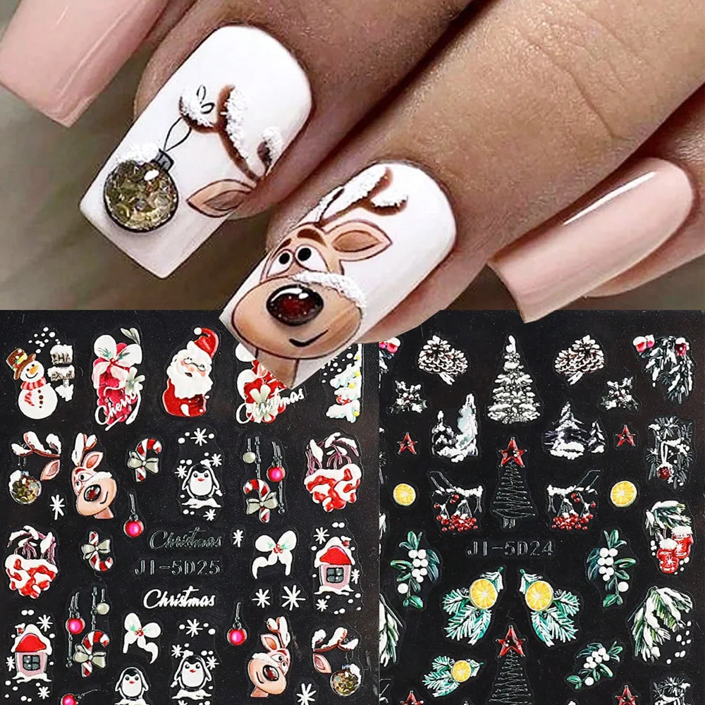 5D Embossed Santa Claus Gingerbread Man Elk Nail Art Stickers Christmas Cartoon Bear Snowman Tree Sliders New Year Xmas Decals HIP