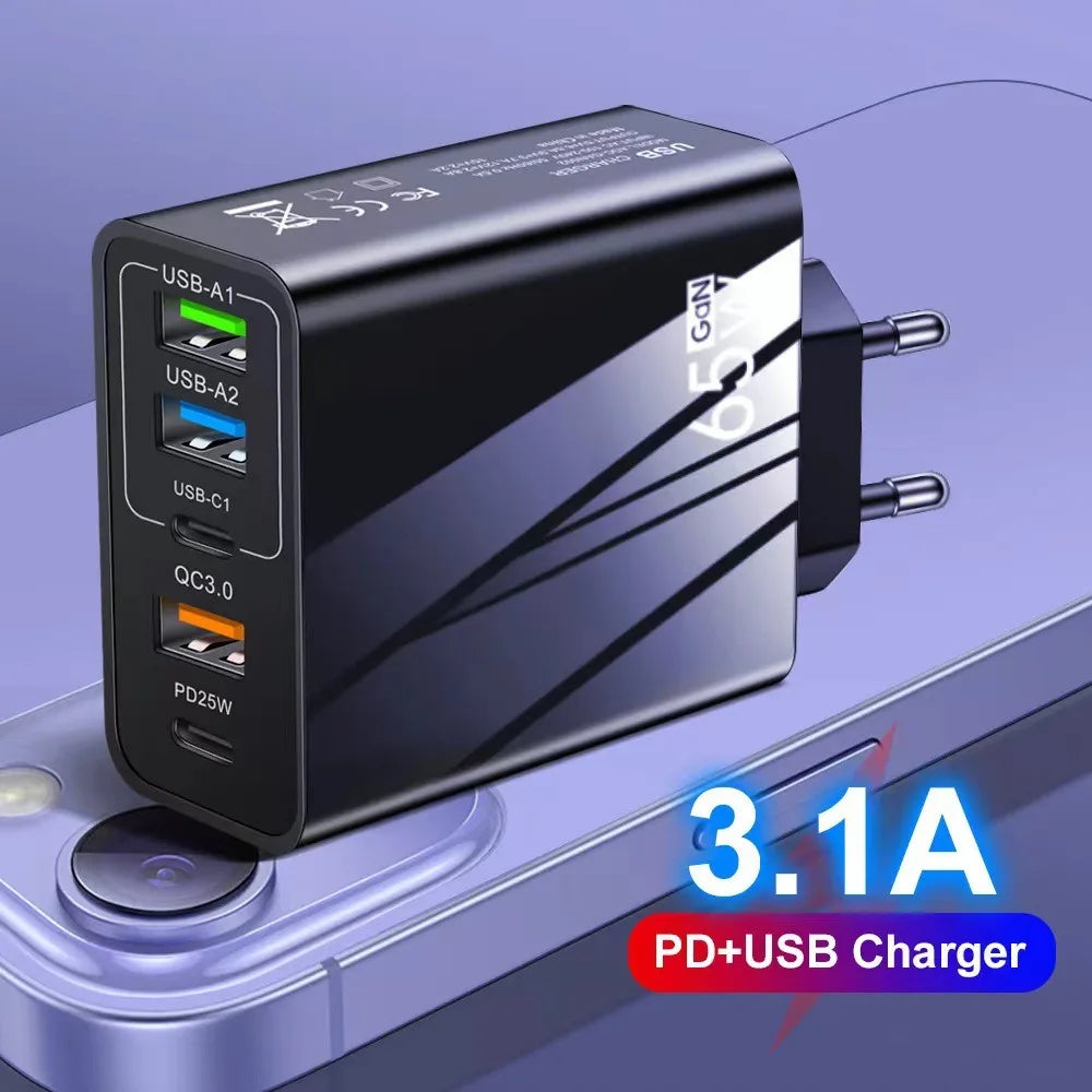 65W USB-C 5-Port Fast Charging Station – EU & UK Plug USB Charging Station HIP