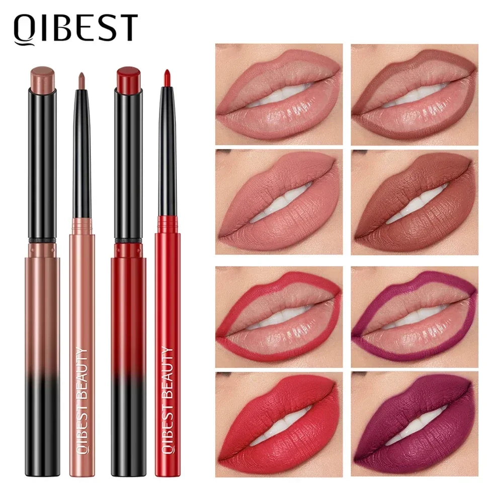 QIBEST Lipliner Pencil Lipstick Set Matte Nude Red Contour Tint Lipstick Long Lasting Non-stick Cup Lipliner Makeup Lip Stain HIP