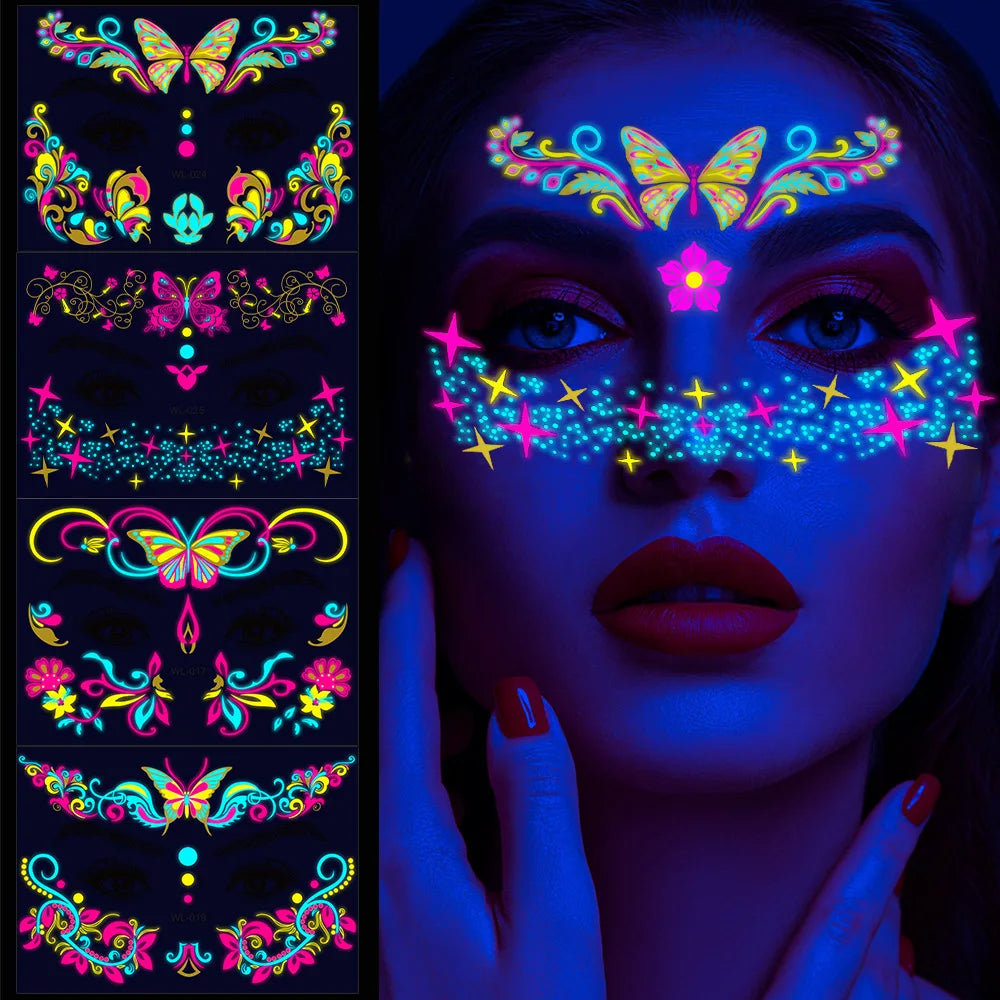 12/24pcs Luminous Temporary Tattoos Stickers UV Neon Fluorescent Glow in the Dark For Body Face Tattoo Stickers Party Accessorie HIP