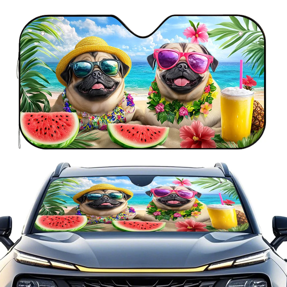 Summer Beach Pugs Car Windshield Sun Visor – Universal Fit Car Sun Visor HIP M
