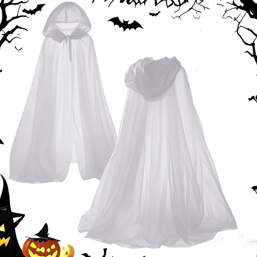 1Pc Halloween Grim Reaper Cloak with Hood Gothic Victorian Witch Costume Long Cape Sheer Mesh Elegant Gothic Party Cosplay Ghost HIP White