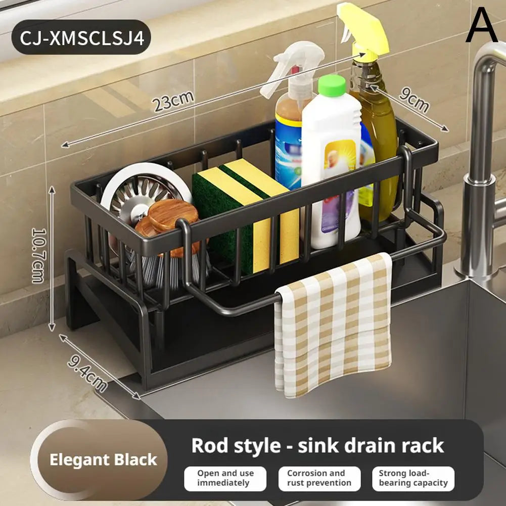 Kitchen Stainless Steel Sink Drain Rack Sponge Storage Faucet Holder Soap Drainer Towel Rack Shelf Organizer Kitchen Accessories HIP Black