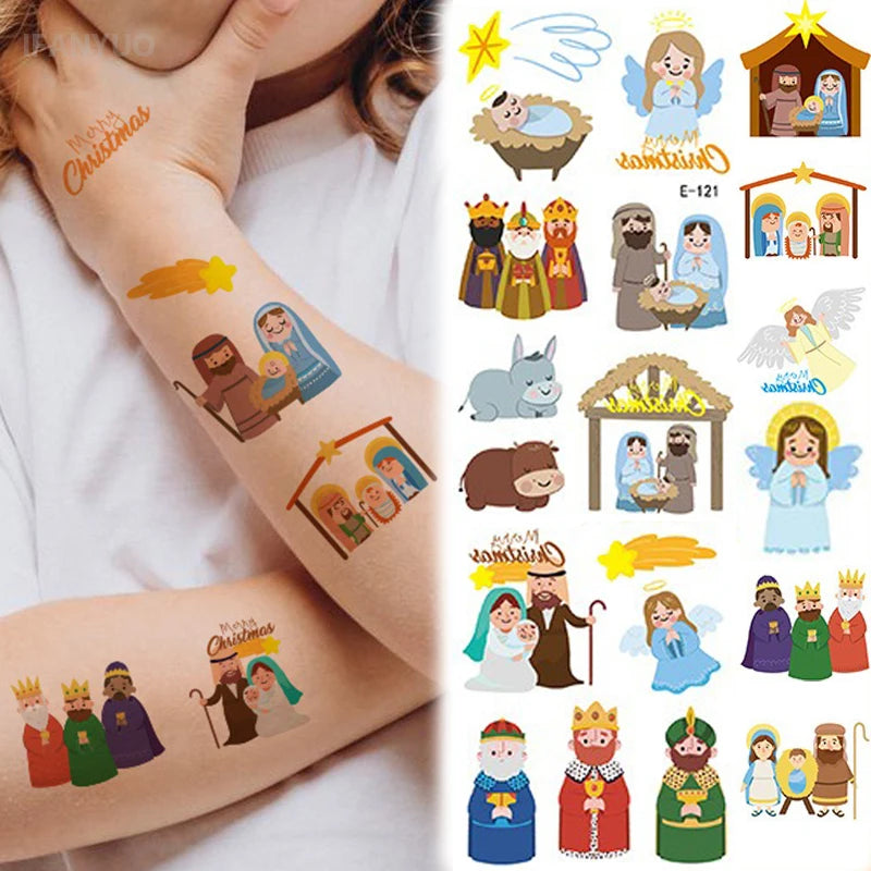 10/20Pcs Merry Christmas Tattoo Stickers Jesus Nativity Gingerbread Santa Elk Small Temporary Tattoo Xmas Kids Gift for Hand Arm HIP