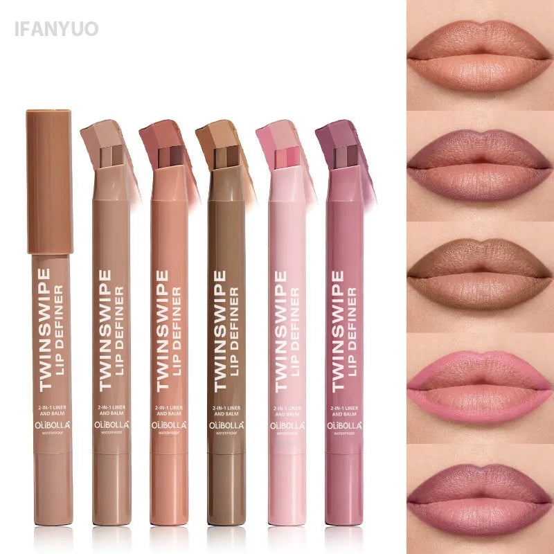 Cinnamon Lipstick Carving Matte 2 in 1 Dual Color Velvet Slanted Lip Liner Pencil Waterproof Long Lasting Women Daily Lip Makeup HIP