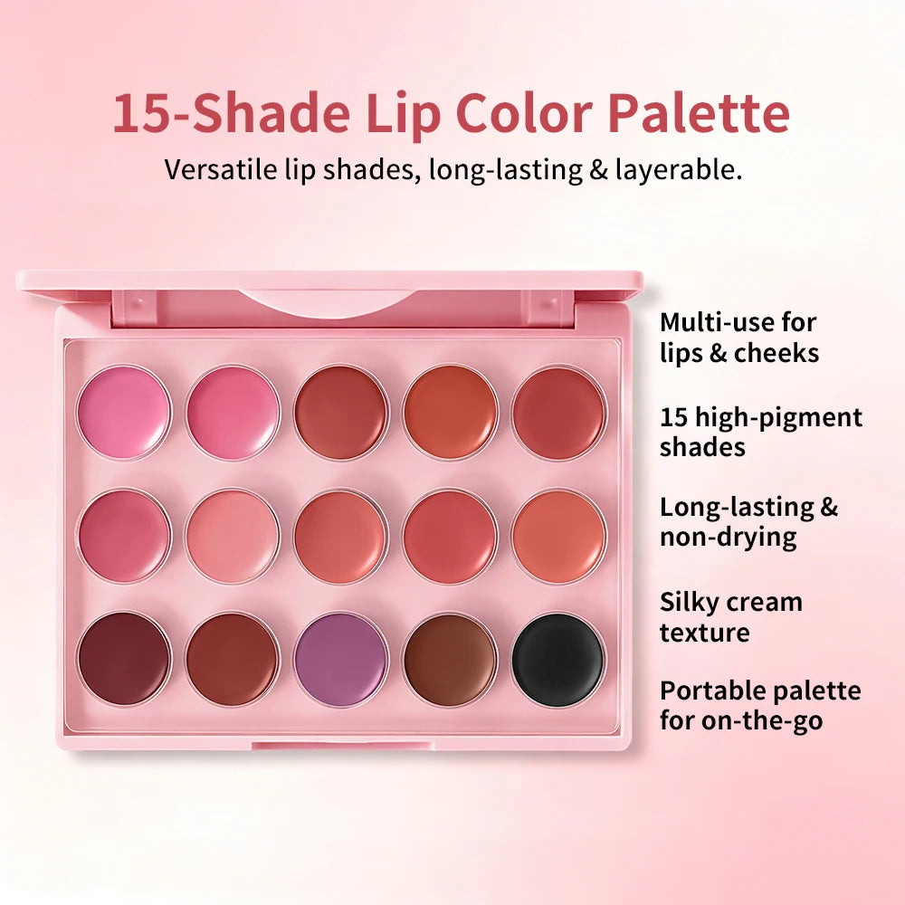 15 Colors Lipstick Palette Shimmer Lip Gloss Multi Use Lip Cheek Tint Waterproof Long Lasting Travel Friendly Women Gift Daily HIP