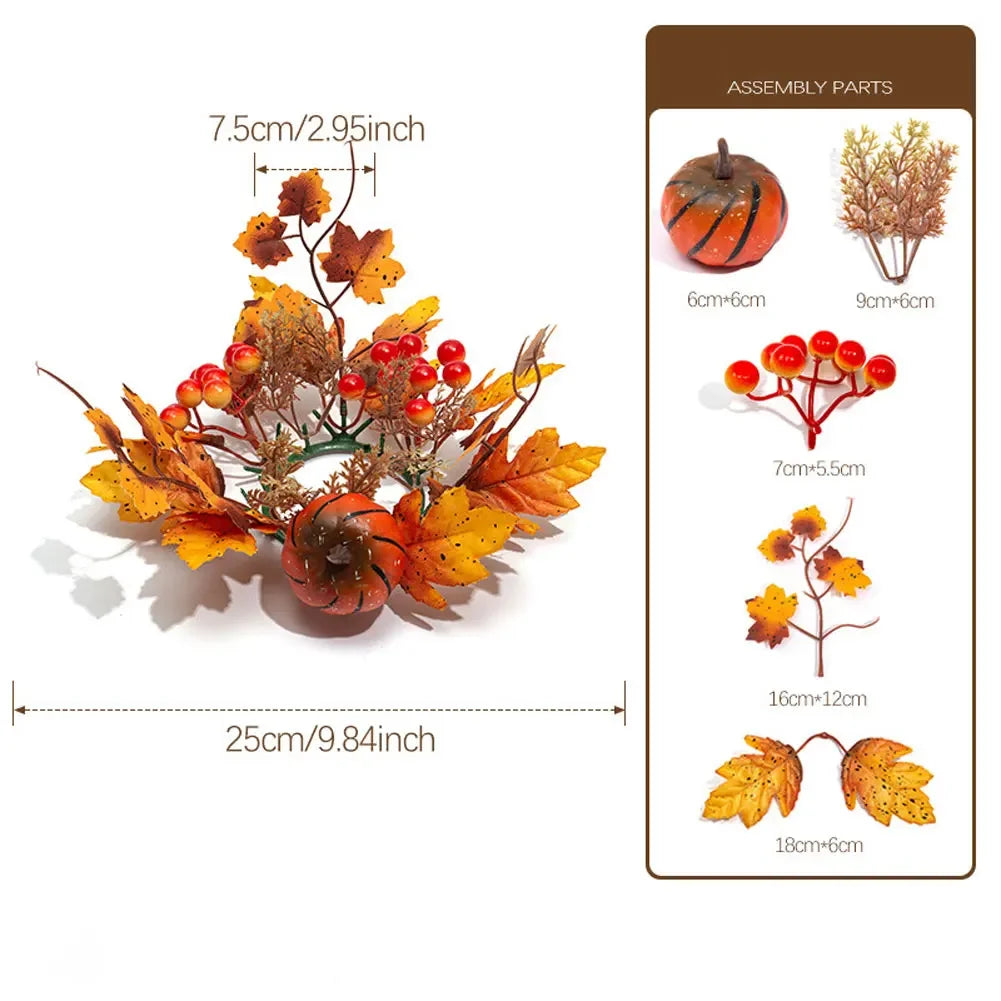 Thanksgiving Table Mantel Shelf Decor Fall Candle Ring Wreath Artificial Maple Leaves Berry Pinecone For Pillar Candle HIP 01