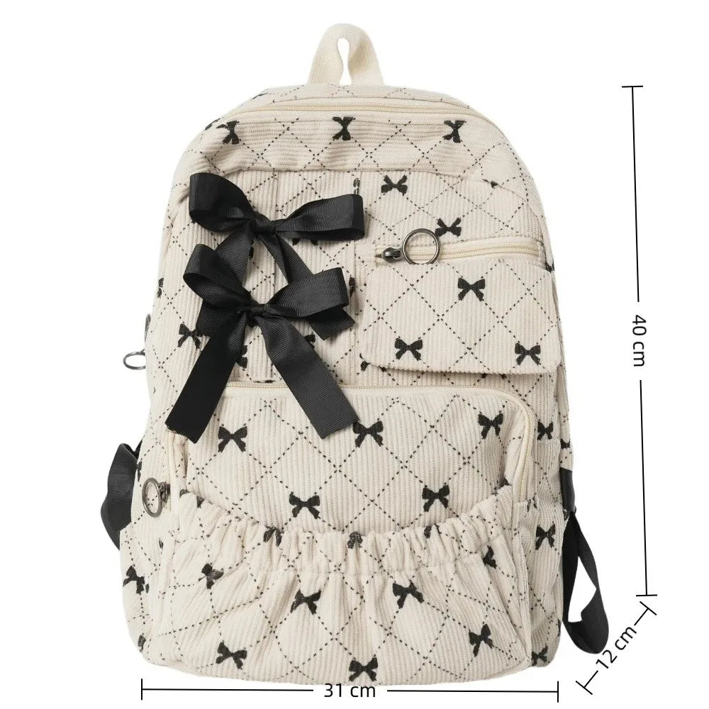 Corduroy Bow Backpack – Large Capacity Girls Schoolbag Student Backpack HIP
