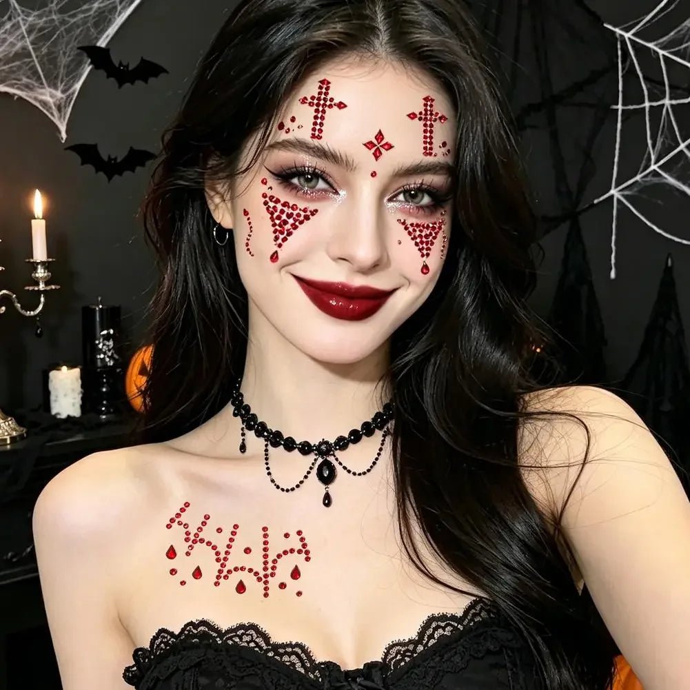 Self‑Adhesive Face Rhinestone Stickers Horror Cosplay Ornament Creative Halloween Red Black Spider Web Cross Scar Gem Decals HIP