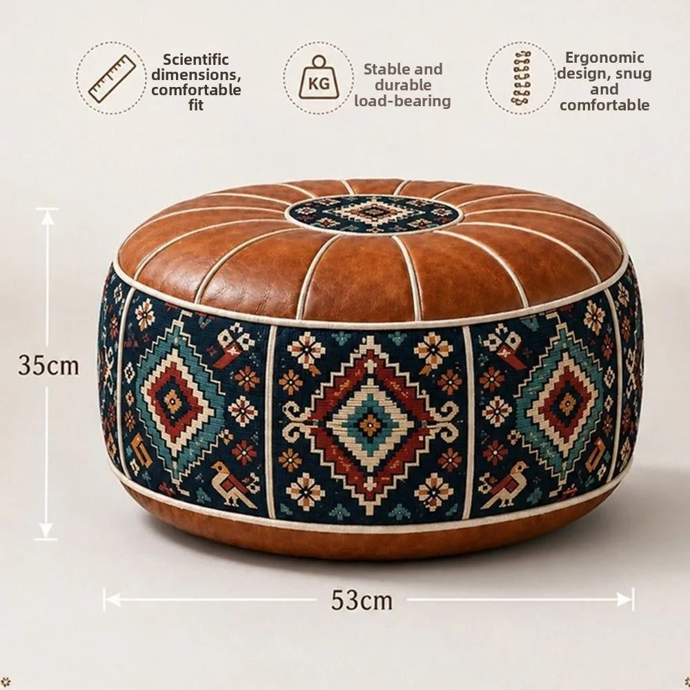 Boho PU Leather Storage Ottoman Pouf – Round Floor Seat Storage Ottoman Pouf HIP