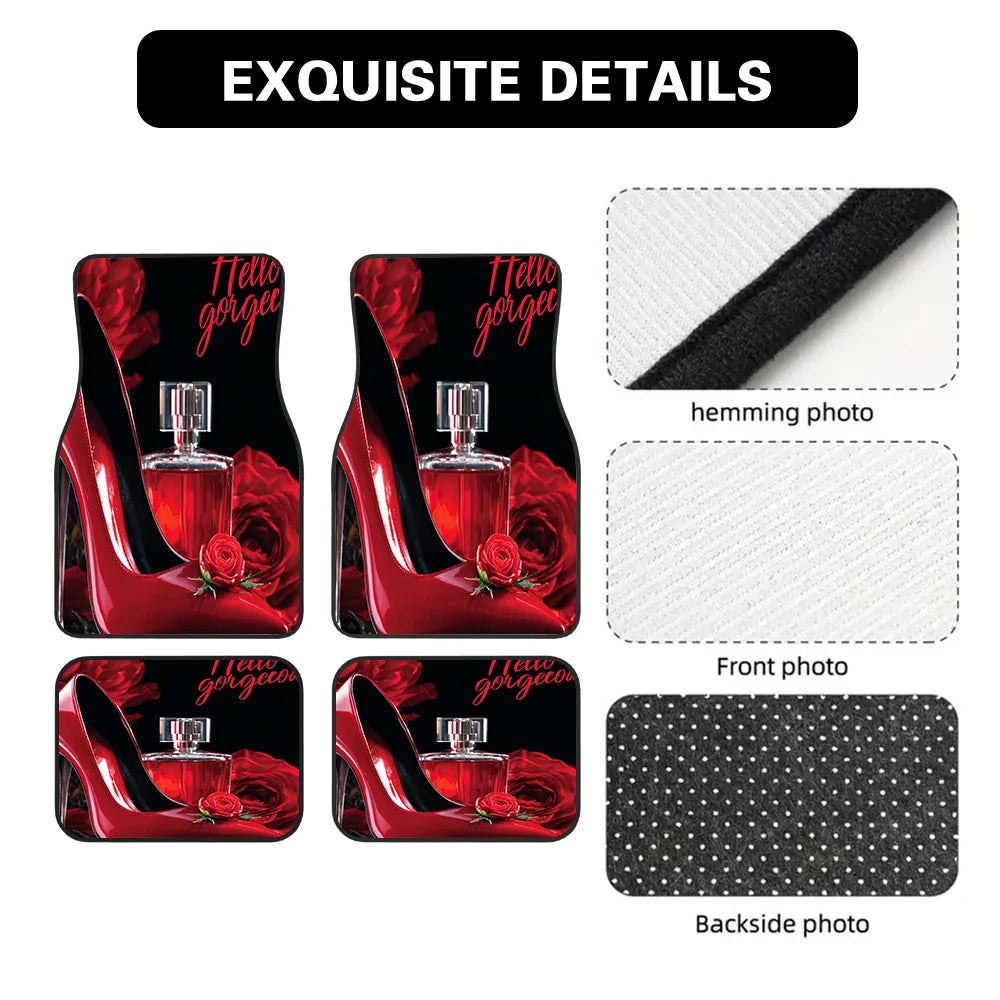 4-Piece Red High Heel Rose Pattern Car Floor Mats | HIP Car Floor Mat Set HIP