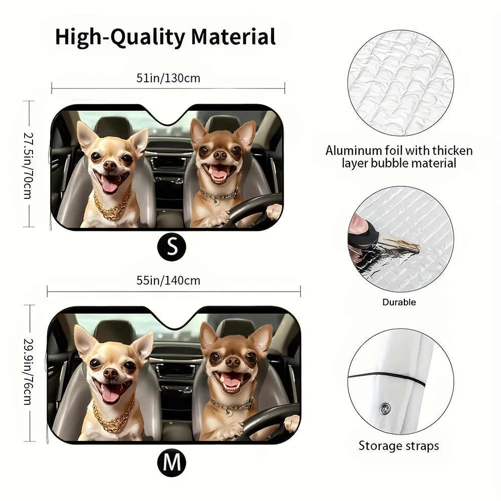 Driving Chihuahua Car Sunshade – Foldable, 4 Suction Cups Car Sunshade HIP