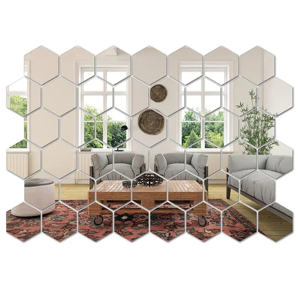 12Pcs Acrylic Hexagonal Mirror Wall Stickers 3D DIY Self-adhesive Decorative Wall Stickers Mirror Art Wall Decor Home Decoration HIP