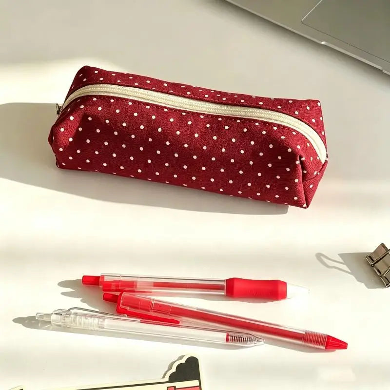 Canvas Polka Dot Pencil Case – Large Zipper Pouch for School Canvas Pencil Case HIP one size Wine red