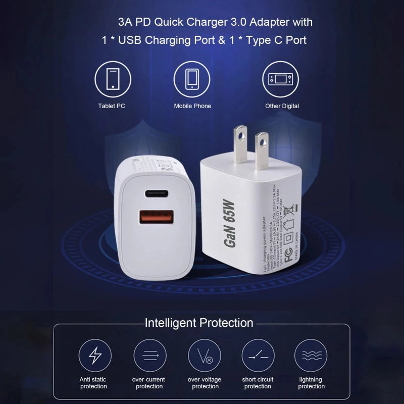 65W USB-C Wall Charger Dual Port PD3.0 & QC3.0 Fast Charging USB-C Wall Charger HIP