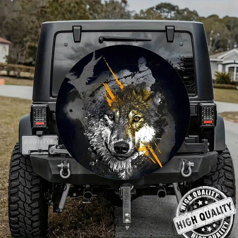 Wolf Portrait Spare Tire Cover – Black & Gold Art, 14–17 in Spare Tire Cover HIP