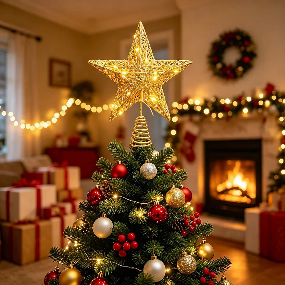 With LED Lights Iron Five-Pointed Glowing Star Christmas Tree Topper Star For Xmas Home Party Decor HIP