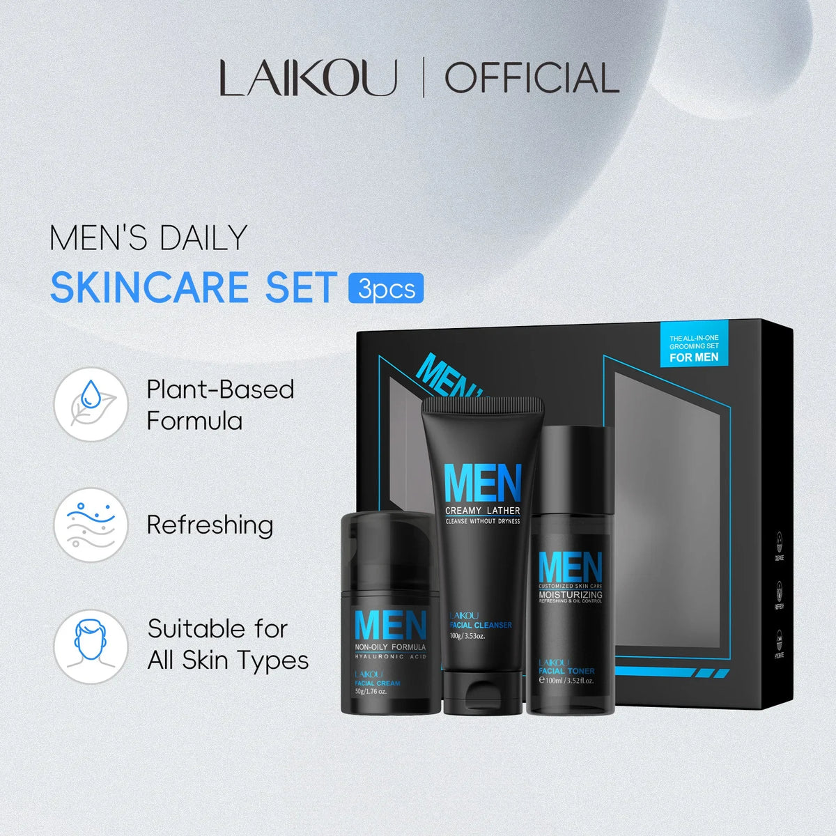LAIKOU Men's 3-in-1 Skincare Set – Cleanser, Toner & Cream Men's Skincare Set HIP